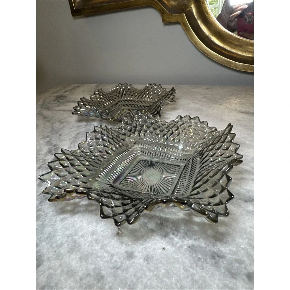 2 Vintage Indiana Carnival Glass Smoke Iridescent Ruffled Edge Diamond‎ Cut Dish